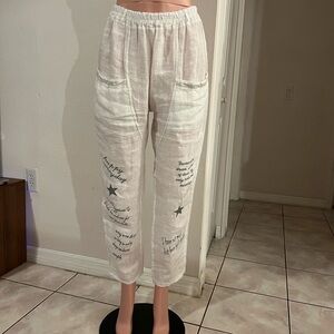 White Linen Pants with Text Details